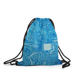 Рюкзак-мешок 3D с принтом Системная плата в Белгороде, 100% полиэстер | плотность ткани — 200 г/м2, размер — 35 х 45 см; лямки — толстые шнурки, застежка на шнуровке, без карманов и подкладки | кибер | микросхема | синий