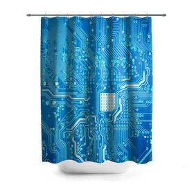 Штора 3D для ванной с принтом Системная плата в Белгороде, 100% полиэстер | плотность материала — 100 г/м2. Стандартный размер — 146 см х 180 см. По верхнему краю — пластиковые люверсы для креплений. В комплекте 10 пластиковых колец | Тематика изображения на принте: кибер | микросхема | синий