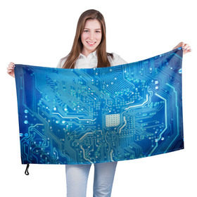 Флаг 3D с принтом Системная плата в Белгороде, 100% полиэстер | плотность ткани — 95 г/м2, размер — 67 х 109 см. Принт наносится с одной стороны | кибер | микросхема | синий