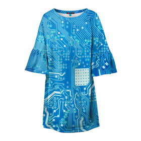 Детское платье 3D с принтом Системная плата в Белгороде, 100% полиэстер | прямой силуэт, чуть расширенный к низу. Круглая горловина, на рукавах — воланы | Тематика изображения на принте: кибер | микросхема | синий