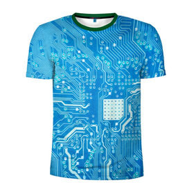 Мужская футболка 3D спортивная с принтом Системная плата в Белгороде, 100% полиэстер с улучшенными характеристиками | приталенный силуэт, круглая горловина, широкие плечи, сужается к линии бедра | кибер | микросхема | синий