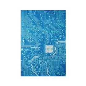 Обложка для паспорта матовая кожа с принтом Системная плата в Белгороде, натуральная матовая кожа | размер 19,3 х 13,7 см; прозрачные пластиковые крепления | Тематика изображения на принте: кибер | микросхема | синий