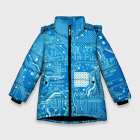 Зимняя куртка для девочек 3D с принтом Системная плата в Белгороде, ткань верха — 100% полиэстер; подклад — 100% полиэстер, утеплитель — 100% полиэстер. | длина ниже бедра, удлиненная спинка, воротник стойка и отстегивающийся капюшон. Есть боковые карманы с листочкой на кнопках, утяжки по низу изделия и внутренний карман на молнии. 

Предусмотрены светоотражающий принт на спинке, радужный светоотражающий элемент на пуллере молнии и на резинке для утяжки. | Тематика изображения на принте: кибер | микросхема | синий