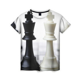 Женская футболка 3D с принтом Шахматы в Белгороде, 100% полиэфир ( синтетическое хлопкоподобное полотно) | прямой крой, круглый вырез горловины, длина до линии бедер | Тематика изображения на принте: белая | черная | шахматы