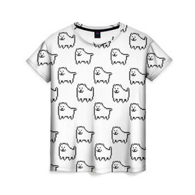 Женская футболка 3D с принтом Undertale Annoying dog white в Белгороде, 100% полиэфир ( синтетическое хлопкоподобное полотно) | прямой крой, круглый вырез горловины, длина до линии бедер | 8 bit | annoying dog | dog | pixel art | undertale | white