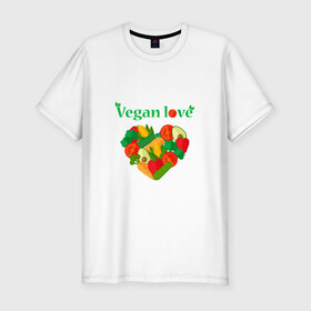 Мужская футболка премиум с принтом Vegan love в Белгороде, 92% хлопок, 8% лайкра | приталенный силуэт, круглый вырез ворота, длина до линии бедра, короткий рукав | 