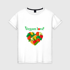 Женская футболка хлопок с принтом Vegan love в Белгороде, 100% хлопок | прямой крой, круглый вырез горловины, длина до линии бедер, слегка спущенное плечо | 