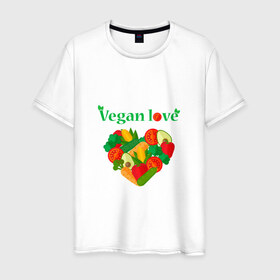 Мужская футболка хлопок с принтом Vegan love в Белгороде, 100% хлопок | прямой крой, круглый вырез горловины, длина до линии бедер, слегка спущенное плечо. | 