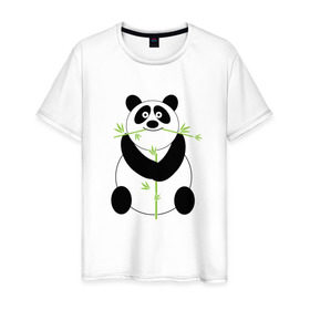 Мужская футболка хлопок с принтом Весёлая панда в Белгороде, 100% хлопок | прямой крой, круглый вырез горловины, длина до линии бедер, слегка спущенное плечо. | Тематика изображения на принте: бамбук