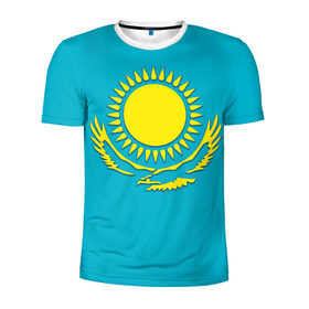 Мужская футболка 3D спортивная с принтом Казахстан в Белгороде, 100% полиэстер с улучшенными характеристиками | приталенный силуэт, круглая горловина, широкие плечи, сужается к линии бедра | герб | казахстан | флаг