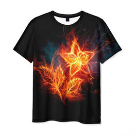 Мужская футболка 3D с принтом Огненный цветок в Белгороде, 100% полиэфир | прямой крой, круглый вырез горловины, длина до линии бедер | Тематика изображения на принте: звезда | искры | огненный цветок | огонь | пламя | пожар