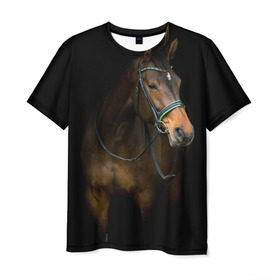Мужская футболка 3D с принтом Породистый жеребец в Белгороде, 100% полиэфир | прямой крой, круглый вырез горловины, длина до линии бедер | Тематика изображения на принте: жеребец | животные | конь | лошадка | лошадь | погоня | седло | скакун | скачки | узда