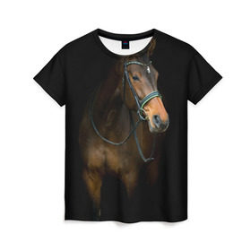 Женская футболка 3D с принтом Породистый жеребец в Белгороде, 100% полиэфир ( синтетическое хлопкоподобное полотно) | прямой крой, круглый вырез горловины, длина до линии бедер | Тематика изображения на принте: жеребец | животные | конь | лошадка | лошадь | погоня | седло | скакун | скачки | узда