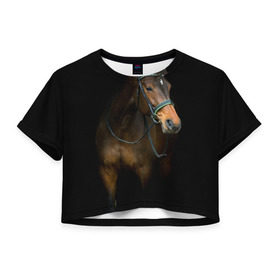 Женская футболка 3D укороченная с принтом Породистый жеребец в Белгороде, 100% полиэстер | круглая горловина, длина футболки до линии талии, рукава с отворотами | Тематика изображения на принте: жеребец | животные | конь | лошадка | лошадь | погоня | седло | скакун | скачки | узда