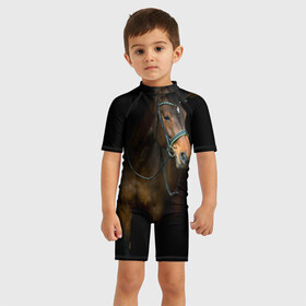 Детский купальный костюм 3D с принтом Породистый жеребец в Белгороде, Полиэстер 85%, Спандекс 15% | застежка на молнии на спине | жеребец | животные | конь | лошадка | лошадь | погоня | седло | скакун | скачки | узда
