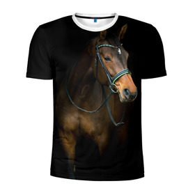 Мужская футболка 3D спортивная с принтом Породистый жеребец в Белгороде, 100% полиэстер с улучшенными характеристиками | приталенный силуэт, круглая горловина, широкие плечи, сужается к линии бедра | Тематика изображения на принте: жеребец | животные | конь | лошадка | лошадь | погоня | седло | скакун | скачки | узда