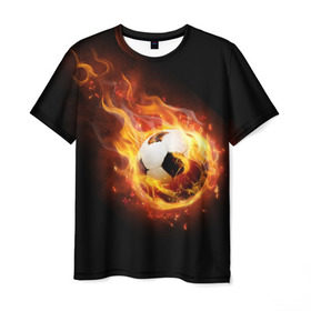 Мужская футболка 3D с принтом Страсть к футболу в Белгороде, 100% полиэфир | прямой крой, круглый вырез горловины, длина до линии бедер | Тематика изображения на принте: игра | искры | мяч | огонь | пламя | спорт | страсть | фанат | футбол | футболист