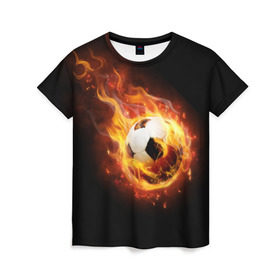 Женская футболка 3D с принтом Страсть к футболу в Белгороде, 100% полиэфир ( синтетическое хлопкоподобное полотно) | прямой крой, круглый вырез горловины, длина до линии бедер | Тематика изображения на принте: игра | искры | мяч | огонь | пламя | спорт | страсть | фанат | футбол | футболист