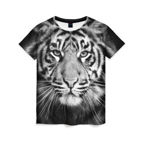 Женская футболка 3D с принтом Красавец тигр в Белгороде, 100% полиэфир ( синтетическое хлопкоподобное полотно) | прямой крой, круглый вырез горловины, длина до линии бедер | джунгли | дикая кошка | животные | зверь | король | кровь | мясо | опасность | охотник | тигр | хищник | царь | цирк