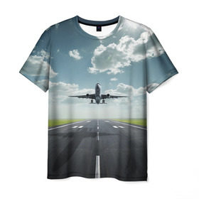 Мужская футболка 3D с принтом Самолет в Белгороде, 100% полиэфир | прямой крой, круглый вырез горловины, длина до линии бедер | взлет | небо | природа