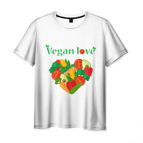 Мужская футболка 3D с принтом Vegan love в Белгороде, 100% полиэфир | прямой крой, круглый вырез горловины, длина до линии бедер | art | vegan | вегетарианство | любовь | овощи | фрукты