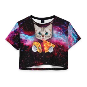 Женская футболка 3D укороченная с принтом Кот с едой в Белгороде, 100% полиэстер | круглая горловина, длина футболки до линии талии, рукава с отворотами | art | cat | pizza | space | еда | космос | кот | кот в космосе | кот с едой | котенок | котик | пицца