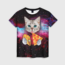 Женская футболка 3D с принтом Кот с едой в Белгороде, 100% полиэфир ( синтетическое хлопкоподобное полотно) | прямой крой, круглый вырез горловины, длина до линии бедер | art | cat | pizza | space | еда | космос | кот | кот в космосе | кот с едой | котенок | котик | пицца