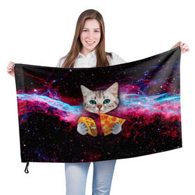 Флаг 3D с принтом Кот с едой в Белгороде, 100% полиэстер | плотность ткани — 95 г/м2, размер — 67 х 109 см. Принт наносится с одной стороны | art | cat | pizza | space | еда | космос | кот | кот в космосе | кот с едой | котенок | котик | пицца
