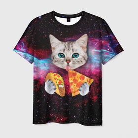 Мужская футболка 3D с принтом Кот с едой в Белгороде, 100% полиэфир | прямой крой, круглый вырез горловины, длина до линии бедер | Тематика изображения на принте: art | cat | pizza | space | еда | космос | кот | кот в космосе | кот с едой | котенок | котик | пицца