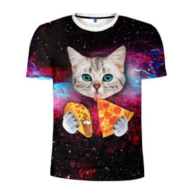Мужская футболка 3D спортивная с принтом Кот с едой в Белгороде, 100% полиэстер с улучшенными характеристиками | приталенный силуэт, круглая горловина, широкие плечи, сужается к линии бедра | Тематика изображения на принте: art | cat | pizza | space | еда | космос | кот | кот в космосе | кот с едой | котенок | котик | пицца