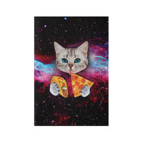 Обложка для паспорта матовая кожа с принтом Кот с едой в Белгороде, натуральная матовая кожа | размер 19,3 х 13,7 см; прозрачные пластиковые крепления | art | cat | pizza | space | еда | космос | кот | кот в космосе | кот с едой | котенок | котик | пицца