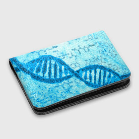 Картхолдер с принтом с принтом ДНК в Белгороде, натуральная матовая кожа | размер 7,3 х 10 см; кардхолдер имеет 4 кармана для карт; | абстракция | биология | днк | молекула | синяя.цепочка | формула