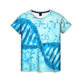 Женская футболка 3D с принтом ДНК в Белгороде, 100% полиэфир ( синтетическое хлопкоподобное полотно) | прямой крой, круглый вырез горловины, длина до линии бедер | абстракция | биология | днк | молекула | синяя.цепочка | формула