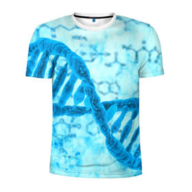 Мужская футболка 3D спортивная с принтом ДНК в Белгороде, 100% полиэстер с улучшенными характеристиками | приталенный силуэт, круглая горловина, широкие плечи, сужается к линии бедра | абстракция | биология | днк | молекула | синяя.цепочка | формула