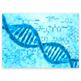Поздравительная открытка с принтом ДНК в Белгороде, 100% бумага | плотность бумаги 280 г/м2, матовая, на обратной стороне линовка и место для марки
 | абстракция | биология | днк | молекула | синяя.цепочка | формула