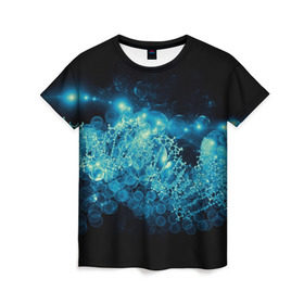Женская футболка 3D с принтом Молекула в Белгороде, 100% полиэфир ( синтетическое хлопкоподобное полотно) | прямой крой, круглый вырез горловины, длина до линии бедер | абстракция | биология | днк | молекула | синяя.цепочка | формула