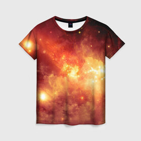 Женская футболка 3D с принтом Пылающий космос в Белгороде, 100% полиэфир ( синтетическое хлопкоподобное полотно) | прямой крой, круглый вырез горловины, длина до линии бедер | вселенная | вспышка | галактика | звёзды | комета | космос | метеориты | метеоры | огонь | пламя | планеты | свет