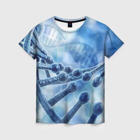 Женская футболка 3D с принтом Молекула ДНК в Белгороде, 100% полиэфир ( синтетическое хлопкоподобное полотно) | прямой крой, круглый вырез горловины, длина до линии бедер | Тематика изображения на принте: dna | биохимия | внешность | ген | генетика | днк | молекула | наследственность | спираль | способности | структура | характер | черты