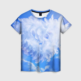 Женская футболка 3D с принтом Сердце в Белгороде, 100% полиэфир ( синтетическое хлопкоподобное полотно) | прямой крой, круглый вырез горловины, длина до линии бедер | голубая | любовь | небо | новая | перья | сердце