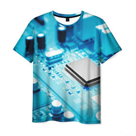 Мужская футболка 3D с принтом Материнская плата в Белгороде, 100% полиэфир | прямой крой, круглый вырез горловины, длина до линии бедер | микросхема | синий | фото