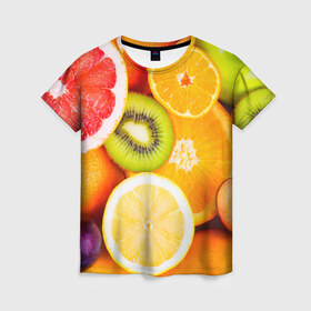 Женская футболка 3D с принтом Фрукты в Белгороде, 100% полиэфир ( синтетическое хлопкоподобное полотно) | прямой крой, круглый вырез горловины, длина до линии бедер | апельсин | киви | новая | фрукты | цитрус
