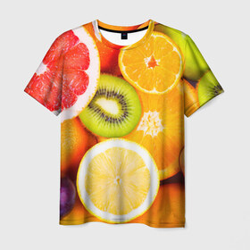Мужская футболка 3D с принтом Фрукты в Белгороде, 100% полиэфир | прямой крой, круглый вырез горловины, длина до линии бедер | апельсин | киви | новая | фрукты | цитрус