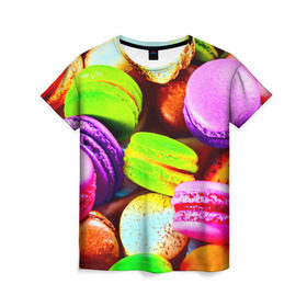 Женская футболка 3D с принтом Макароны в Белгороде, 100% полиэфир ( синтетическое хлопкоподобное полотно) | прямой крой, круглый вырез горловины, длина до линии бедер | макаруны | печенье | разноцветный