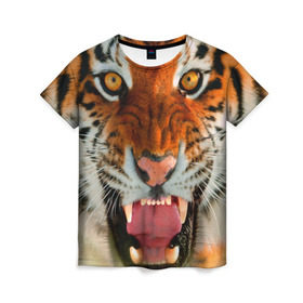 Женская футболка 3D с принтом Амурский тигр в Белгороде, 100% полиэфир ( синтетическое хлопкоподобное полотно) | прямой крой, круглый вырез горловины, длина до линии бедер | амур | голова | животные | кошка | оскал | тигр