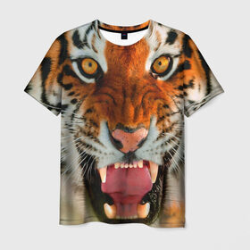 Мужская футболка 3D с принтом Амурский тигр в Белгороде, 100% полиэфир | прямой крой, круглый вырез горловины, длина до линии бедер | амур | голова | животные | кошка | оскал | тигр