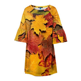 Детское платье 3D с принтом Осень на дворе в Белгороде, 100% полиэстер | прямой силуэт, чуть расширенный к низу. Круглая горловина, на рукавах — воланы | Тематика изображения на принте: бордовый | жёлтый | красный | листва | листья