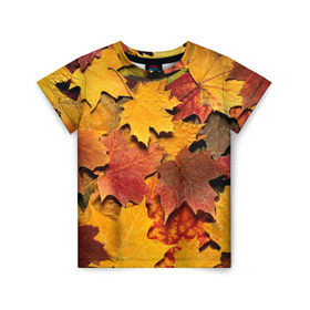 Детская футболка 3D с принтом Осень на дворе в Белгороде, 100% гипоаллергенный полиэфир | прямой крой, круглый вырез горловины, длина до линии бедер, чуть спущенное плечо, ткань немного тянется | бордовый | жёлтый | красный | листва | листья