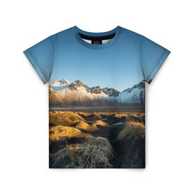 Детская футболка 3D с принтом Горный хребет в Белгороде, 100% гипоаллергенный полиэфир | прямой крой, круглый вырез горловины, длина до линии бедер, чуть спущенное плечо, ткань немного тянется | Тематика изображения на принте: горы | небо | пейзаж | скалы | хребет
