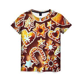 Женская футболка 3D с принтом Новогоднее печенье в Белгороде, 100% полиэфир ( синтетическое хлопкоподобное полотно) | прямой крой, круглый вырез горловины, длина до линии бедер | оранжевый | печенье | сладости | хлебные