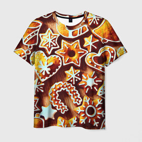 Мужская футболка 3D с принтом Новогоднее печенье в Белгороде, 100% полиэфир | прямой крой, круглый вырез горловины, длина до линии бедер | оранжевый | печенье | сладости | хлебные